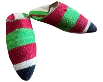 Moroccan Kilim Babouche, Beige Red And Green Kilim Slipper Mule, Moroccan Slipper, Kilim Slipper, Boho Slide, Women Size EU 37 US 6 6.5