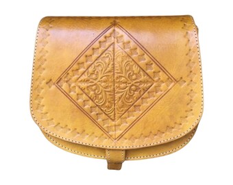 Yellow Leather Crossbody Bag: Handtooled Moroccan Saddlebag