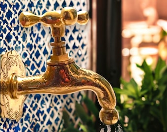 Moroccan Handmade Brass Bathroom Tap Faucet, Brass Faucet, Brass Wall Water Tap Faucet, Brass Vanity Sink Faucet, Hand Carved Brass Faucet