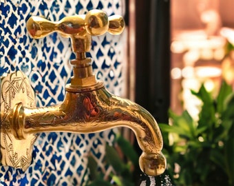 Handmade Moroccan Brass Bathroom Faucet: Hand Carved Wall Tap