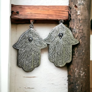 Set Of 2 Moroccan Large Berber HAMSA Ethnic Wall Decoration, Silver Color Finish Metal Hand of Fatima Wall Hangings