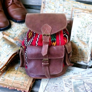 Red Kilim Leather Backpack, Dark Brown Moroccan Kilim Leather Backpack, Kilim Leather Book Bag, Kilim Leather Unisex Bag, Kilim Backpack