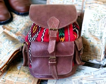 Red Kilim Leather Backpack, Dark Brown Moroccan Kilim Leather Backpack, Kilim Leather Book Bag, Kilim Leather Unisex Bag, Kilim Backpack