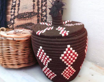 Vintage Brown And Red Moroccan Basket, Handmade Basket, Berber Bread Basket, Tribal Basket, Storage Basket, Basket With Lid