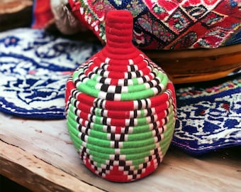 Vintage Red And Green Moroccan Basket, Handmade Basket, Berber Bread Basket, Tribal Basket, Storage Basket, Basket With Lid