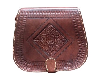 Vintage Brown Leather Bag, Moroccan Leather Bag, Handtooled Leather Bag, Cross Body Leather Bag, Dark Brown Handbag, Leather Boho Bag