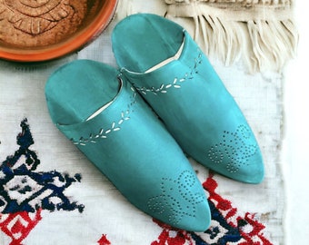 Handmade Moroccan Leather Babouche, Green Leather Mule, Green Babouche, Moroccan Babouche, Green Leather Slippers