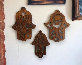 Set Of 3 Vintage Moroccan Wood Berber HAMSA Ethnic Wall Decoration, Brown Natural Wood Hand of Fatima Wall Hangings