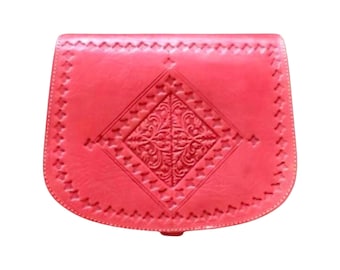 Pink Coral Leather Bag, Moroccan Leather Bag, Handtooled Leather Bag, Cross Body Leather Bag, Pink Coral Leather Handbag