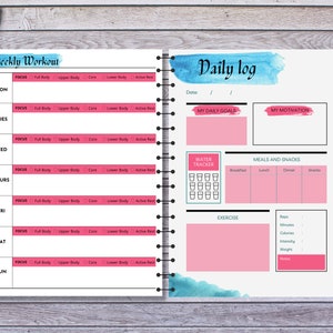 May include: A weekly workout and daily log planner with a watercolor design. The planner includes sections for daily goals, motivation, water tracker, meals and snacks, exercise, and notes.