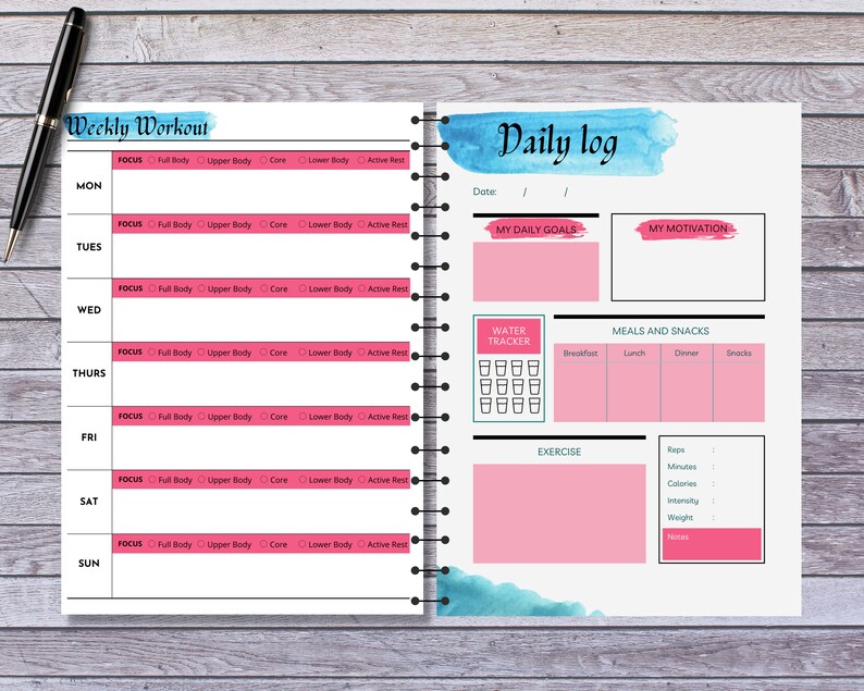 May include: A weekly workout and daily log planner with a watercolor design. The planner includes sections for daily goals, motivation, water tracker, meals and snacks, exercise, and notes.