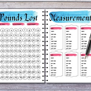 May include: A weight loss tracker with a blue watercolor background. The left side has a grid of circles numbered 1 to 100 for tracking pounds lost. The right side has six sections for recording measurements with labels for chest, right arm, left arm, hip, right thigh, left thigh, right calf, and left calf.