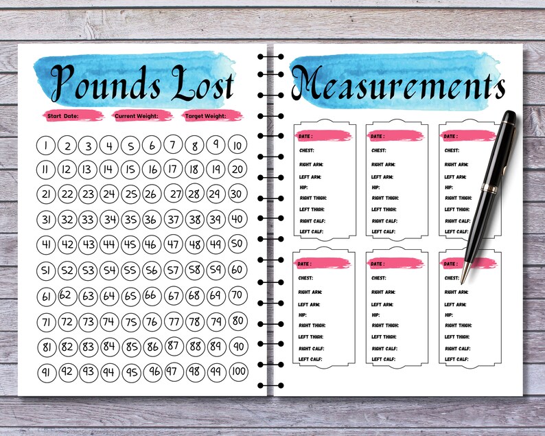 May include: A weight loss tracker with a blue watercolor background. The left side has a grid of circles numbered 1 to 100 for tracking pounds lost. The right side has six sections for recording measurements with labels for chest, right arm, left arm, hip, right thigh, left thigh, right calf, and left calf.