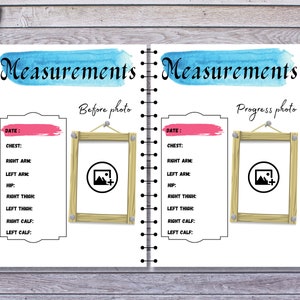 May include: A printable progress tracker for measuring body parts, with a space for a before and after photo. The tracker includes measurements for chest, arms, hips, thighs, and calves.