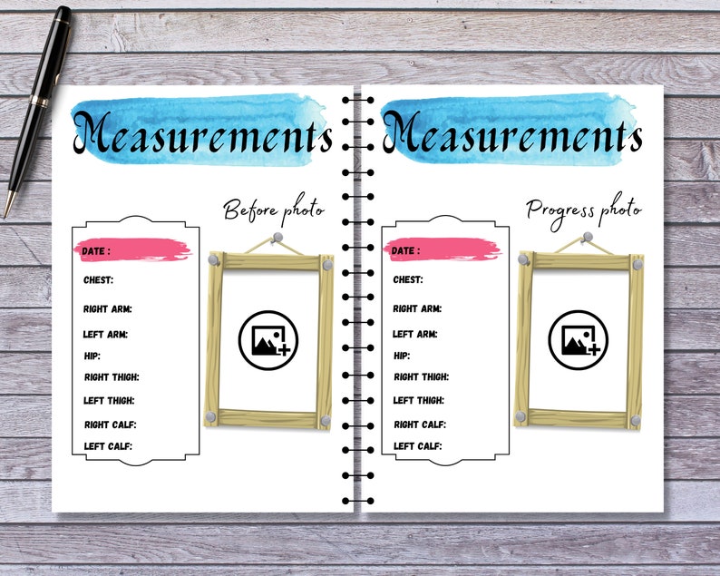 May include: A printable progress tracker for measuring body parts, with a space for a before and after photo. The tracker includes measurements for chest, arms, hips, thighs, and calves.