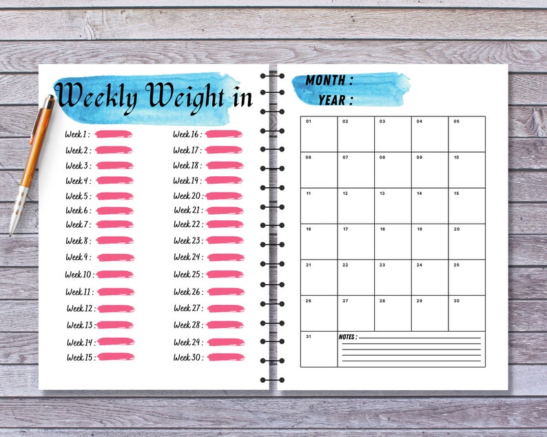 May include: A printable weight tracker with a blue watercolor design. The left page has a section for weekly weight tracking with 30 weeks listed. The right page has a monthly calendar with a section for notes.
