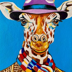 Retrato original e brilhante de uma girafa. Feito à mão. Tintas acrílicas. Papelão.