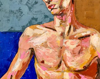 Original bright male portrait. Handmade. Acrylic paints. Cardboard.