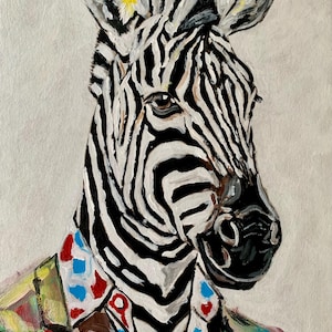 Portrait Of A Stylish Zebra - Acrylic 9х12” Handmade Painting Wall Art Decor.