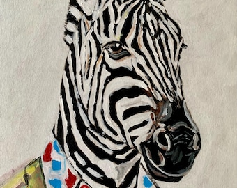 Portrait Of A Stylish Zebra - Acrylic 9х12” Handmade Painting Wall Art Decor.