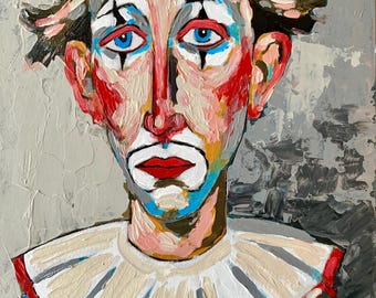 Original bright portrait of a clown. Handmade. Acrylic paints. Cardboard.