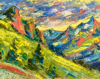 Original oil painting. Expressive Mountain Landscape. Handmade.