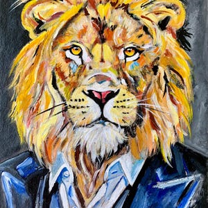 Portrait lumineux original d'un lion. Fait main. Peintures acryliques. Carton.