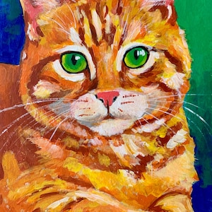 Portrait original de chat lumineux. Fait main. Peintures acryliques. Carton.