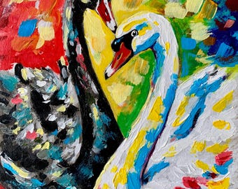 Original Painting: A Pair Of Swans (Black And White) Acrylic 9x12” Handmade Art