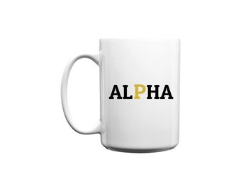 Large Alpha Word Coffee Mug - White, Black, and Gold