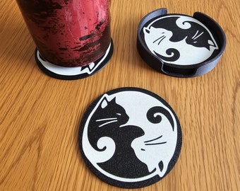 Cat coaster set 3d printed, great gift for cat lovers cute coasters set of 6 with holder