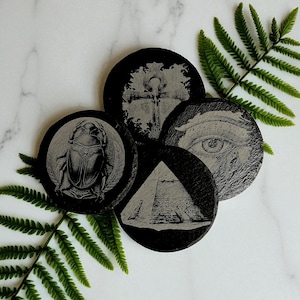 Egyptian Slate Coaster Set: Laser Engraved Ancient Symbols