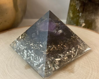 Amethyst Orgone Pyramid - Medium Amethyst Pyramid, Lepidolite Mica, Dalmatian Jasper