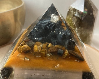 Gold Dragon Pyramid - Large Orgone Pyramid, Tiger's Eye, Apache Tears, Healerite