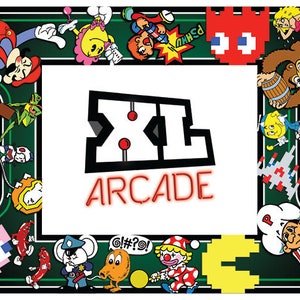 May include: A green and black arcade control panel with a white and red XL Arcade logo. The panel is decorated with various video game characters, including Mario, Donkey Kong, Pac-Man, and Space Invaders.
