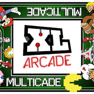 May include: A green and white arcade cabinet with the text "XL Arcade Multicade" and images of classic video game characters, including Mario, Donkey Kong, Pac-Man, and more.
