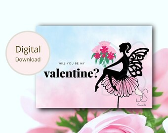 Be my Valentine fairy, Will you be my Valentine, gift for her card, pixie flowers bouquet wish card, botanic elf pink clouds, digital card