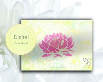 Waterlily card, pink lily lotus flower, spiritual gift card, floral bloom botanical, spiritual yoga meditation, handprinted digital card