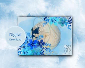 Gold mandala elf, moon fairy wishcard, blue flowers fairy, childbirth, babyshower, magical whimsical faerie wish, fee blanc digital postcard