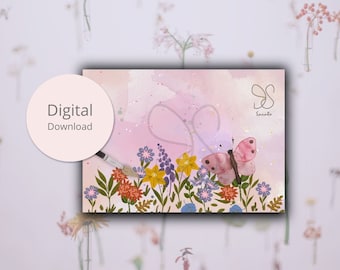 Butterfly garden, artist, birthday, spring flowers, creativity, floral, blooms, happiness, joy, childbirth, nature watercolour digital card