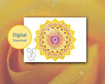Mandala yellow art festival card, mandala boho design, Eid card, Holi, Diwali, spiritual, mandala doily, yoga meditation digital gift card