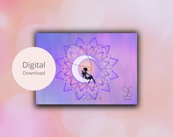 Purple violet mandala elf, moon fairy wishcard, crown chakra relax therapy, fairy on the moon, magical whimsical faerie wish digital card