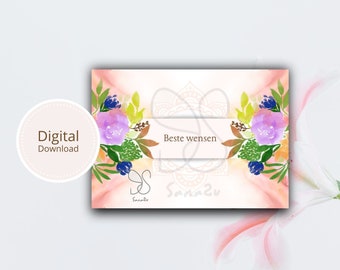 Beste wensen, mandala flowers bouquet card, bridal botanic blooming wedding, well-wishing, Eid Mubarak, bridal shower aquarel digital card