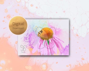 Bee on pink daisy, flower bee card, wild flower aquarel girly wish card, bloom margaret giftcard, child, maya bee, wesp floral digital card