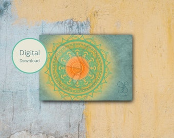 Turquoise orange mandala festival card, boho gift card, Holi, Diwali, spiritual digital gift card, mandala doily bohemian, yoga meditation