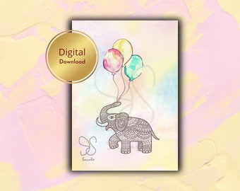 Elephant birthday celebration card, babyshower celebration zentangle art, kids DIY colouring therapy, meditation spirit animal, digital card