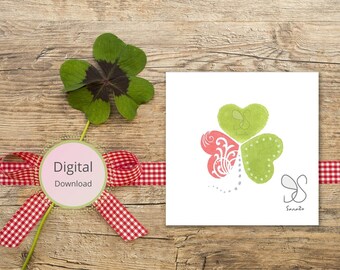 Clover love hearts block print card, clover heart leaf art card, leaf petals clover hearts design card, lover red green clover digital card