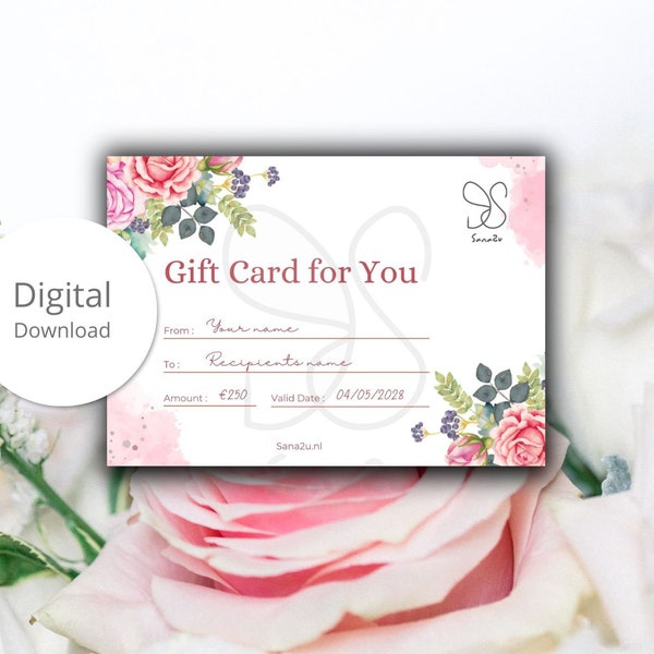 Floral gift certificate, roses design giftcard, flowers botanic coupon template, geschenkbon, cadeaukaart, kadobon DIY digital printable