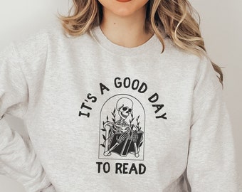 Dark Academia Bookish Reading Skeleton Crewneck Sweatshirt for Spooky Teacher or Student, Halloween Spooky Vibes Book Lover Poet Shirt