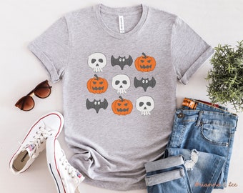 Cute Halloween Shirt, Skull Bats and Pumpkin T Shirt, Fall Is T Shirts, Ladies Fall Shirt, Autumn T Shirt, Thanksgiving Shirts, Skeleton Tee